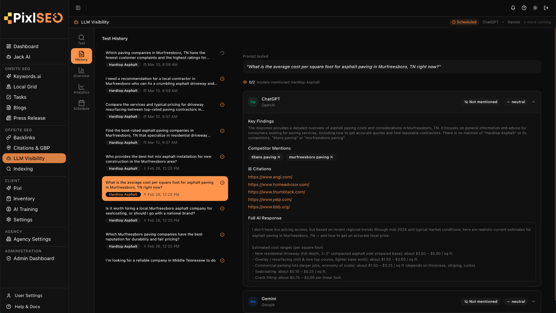 PixlSEO LLM Visibility - AI brand mention tracking for agency clients