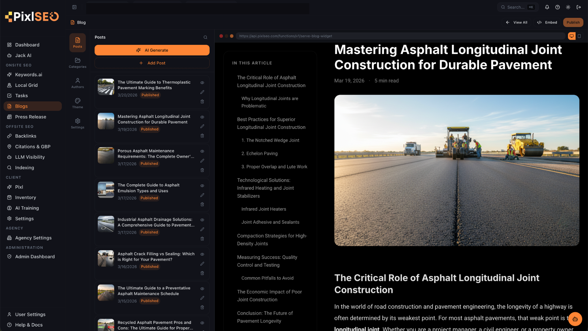 PixlSEO AI Content Engine - agency-wide blog management and publishing dashboard