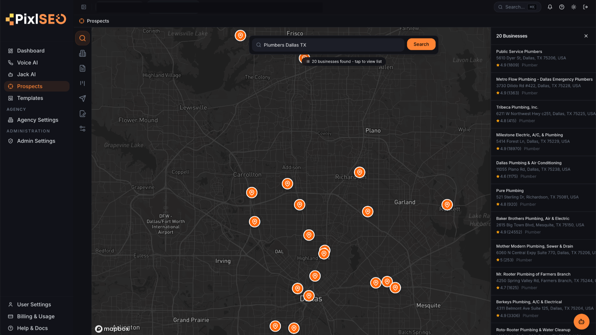 PixlSEO Prospecting Suite — map-based business discovery with search results